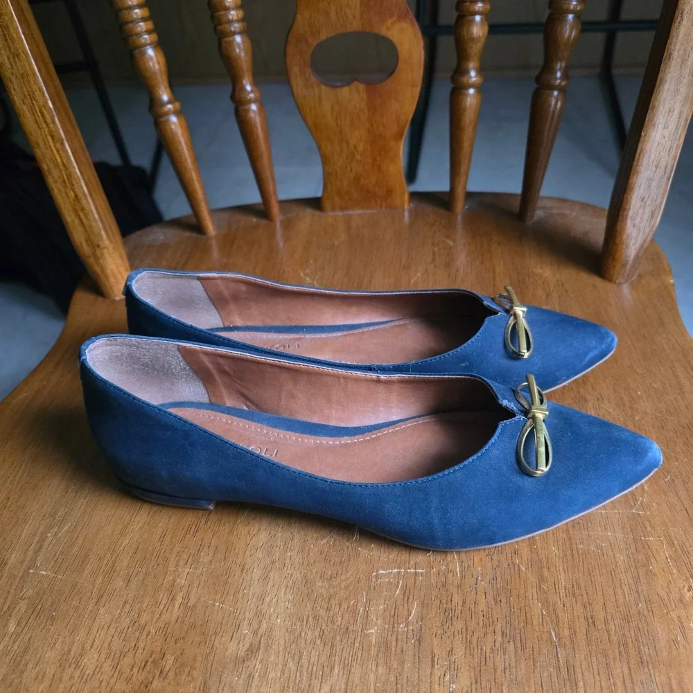 Cristofoli Navy Blue Suede Pointed Toe Ballet Flats Gold Bow Womens Size 8